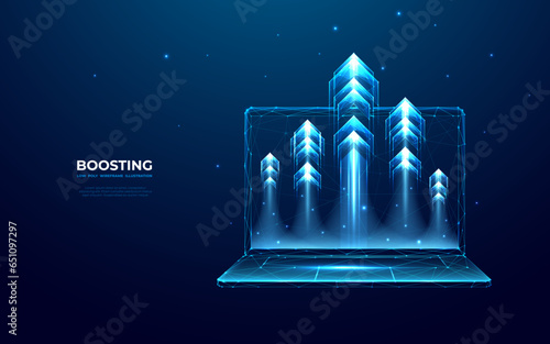 Abstract high speed growth up arrows on a laptop screen. Fast internet concept. Boost metaphor on technology dark blue background. Digital vector illustration in futuristic low poly wireframe style.