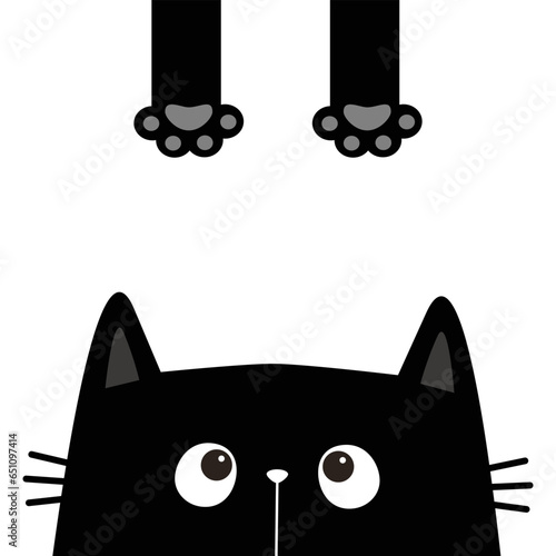 Peeking cat face head silhouette icon. Black kitten. Pink paw print leg. Funny kawaii doodle animal. Cute cartoon funny baby pet character. Sticker print. Flat design. White background.