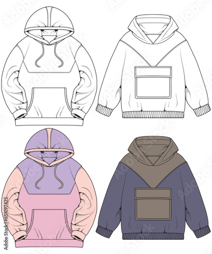 Oversized hoodie technical fashion illustration with relaxed fit, long sleeves. Flat outwear jumper apparel template. Women, men, unisex sweatshirt top mockup