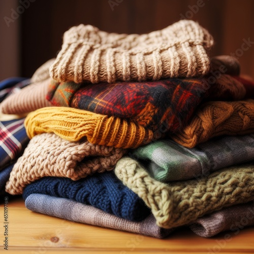 A large pile of warm clothes in autumn shades on the table. Autumn fashion concept. Stylish women's clothing.