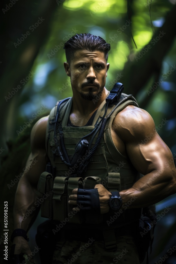 A muscular soldier in the jungle. A muscular soldier in the jungle.