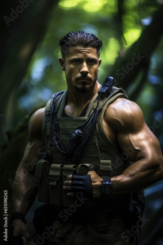 A muscular soldier in the jungle. © visoot