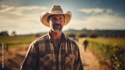 Portrait of American farmer man standing on agricultural area.