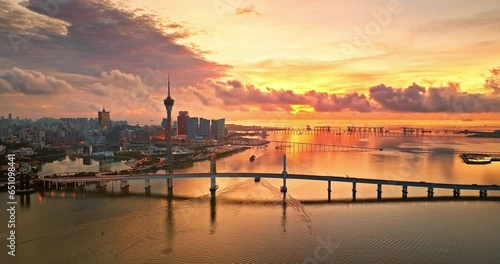Aerial photography of Macau city skyline in the morning. Creative video with ads and trademarks removed photo