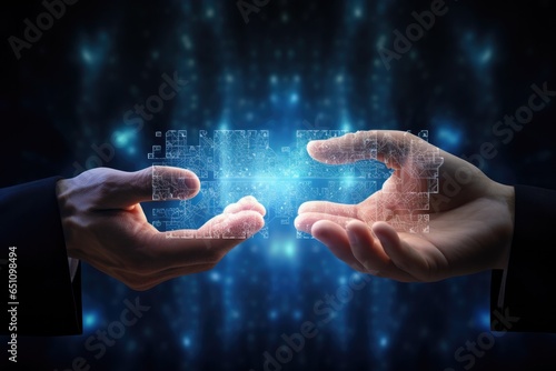 Two hands Catching Digital electrical energy with a dark blurred background