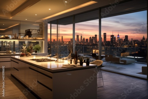 Luxury kitchen overlooking cityscape at sunset