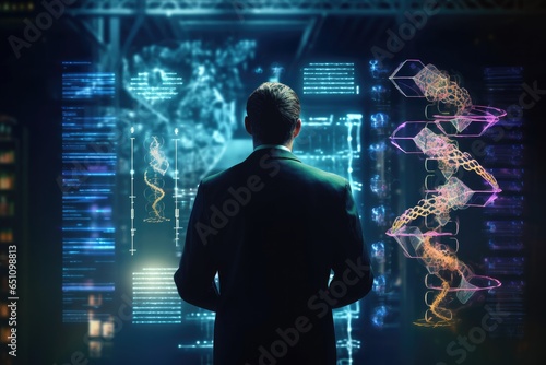 Man standing in front of interactive AI, augmented reality screen