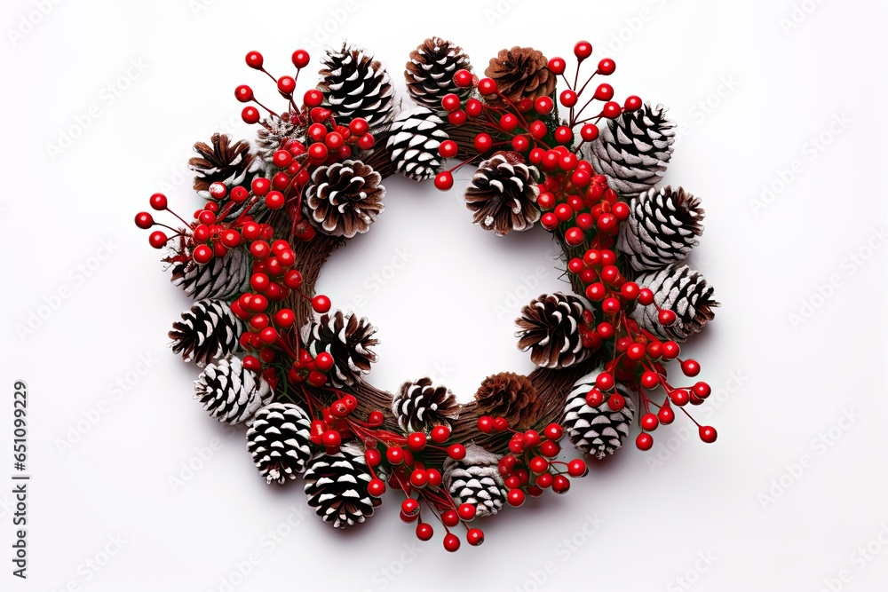 A Christmas wreath with red berries and pine cone, with a white background. Generative AI A Christmas wreath with red berries and pine cone, with a white background. Generative AI