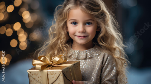 Happy new year. Christmas. Kid enjoy the holiday. Happy girl at christmas. New year holiday. Little girl with xmas present © opolja