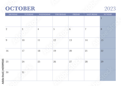 2023 october calendar start on monday