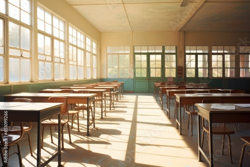 Empty  classrooms with sunshine  coming through windows