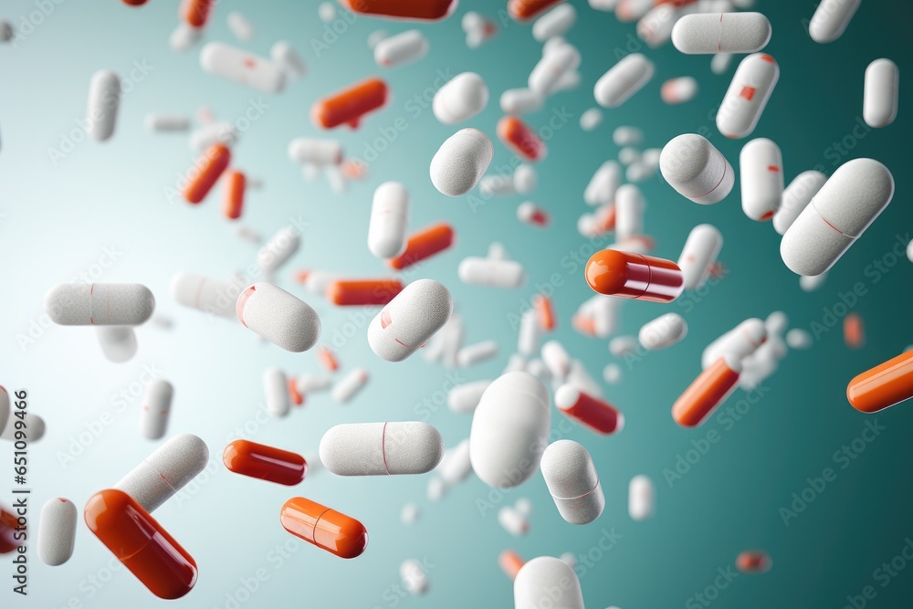 Medicines, pills and tablets falling