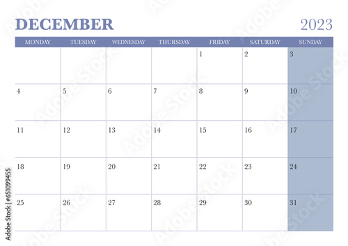 2023 december calendar start on monday, purple color