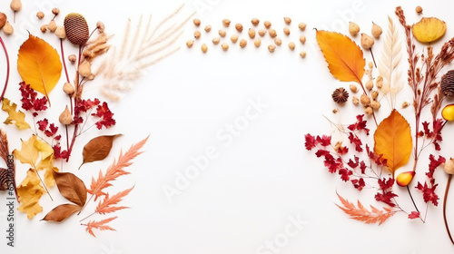 Autumn creative frame composition with dried leaves  chestnuts  red berries and cones on white background. Generative AI