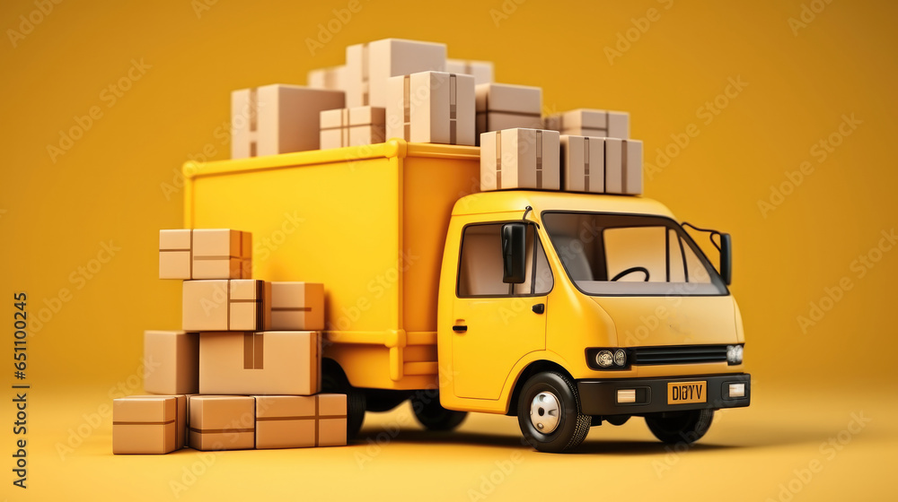 Delivery truck with a lot of cardboard parcel boxes on yellow background, Delivery concept.
