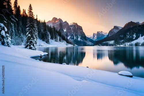 a serene winter landscape with a frozen lake and snow-covered mountains © Reece
