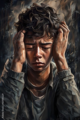 Digital painting of a young boy worried and depressed on the verge of tears.
