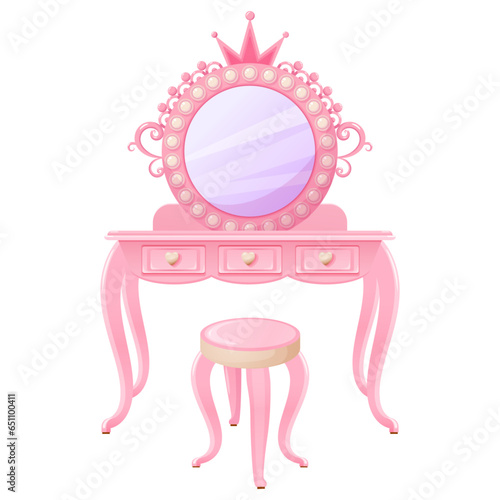 Vector makeup table and chair for barbie or princess home. An element of furniture for barbie's room. Cartoon illustration isolated on a white background.