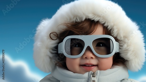Cute baby wearing big ski glasses isolated on pastel blue background. © visoot