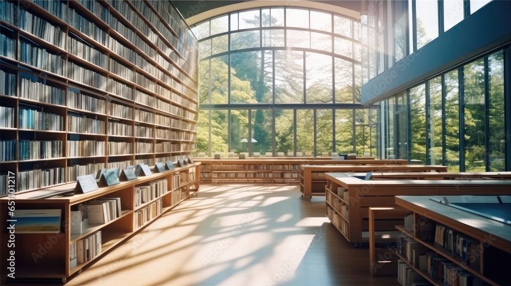 Public book library with a lot of books on the shelf and desk tables, Modern design with glass windows.