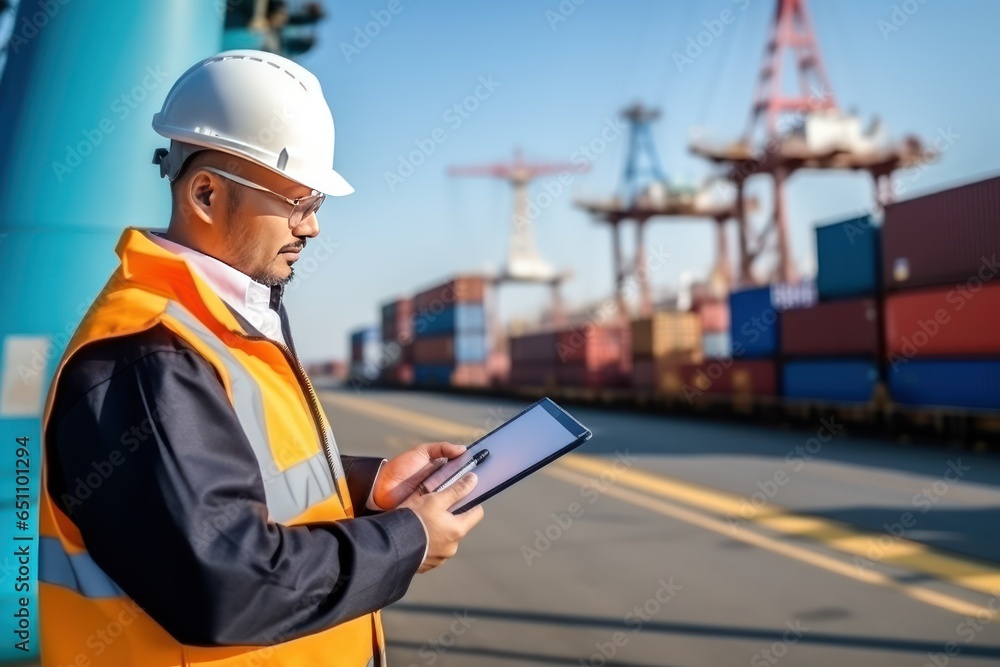 Portrait of a Caucasian industrial engineer in white hard hat and working with tablet PC in container warehouse in seaport. Foreman or Supervisor in container terminal. - obrazy, fototapety, plakaty 