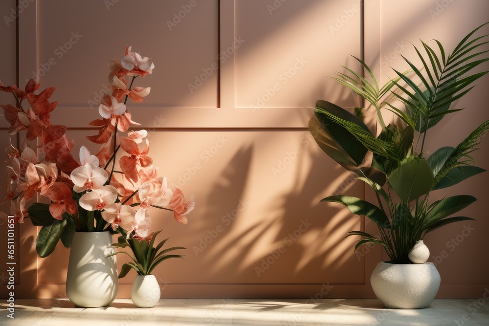 Botanical background with shadow on the wall, Card, Postcard, Exhibition Podium. Botanical background with shadow on the wall, Card, Postcard, Exhibition Podium.