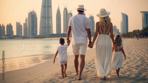 Enjoying holiday together, Family parents with their children walking on the beach in the vacation.