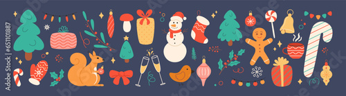 Big set of decorative holiday elements. Vector illustration with Christmas and New Year symbols and elements for decoration holiday wrappers, tissue, banners, posters, flyers, card and social media. © Yaran