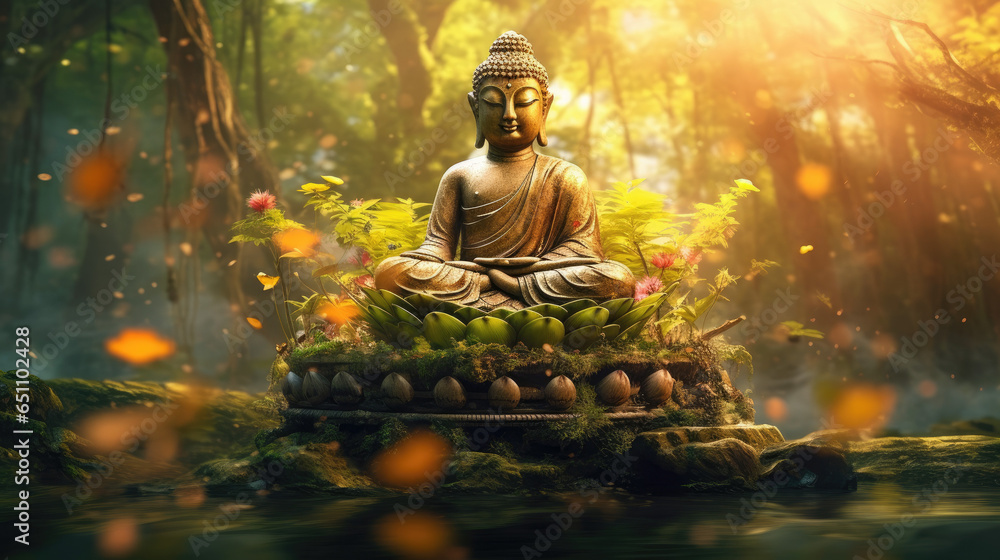 statue of buddha in the garden zen spiritual - by generative ai