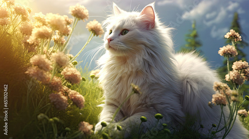 white fluffy cat playing in garden nature flower spirit animal - by generative ai