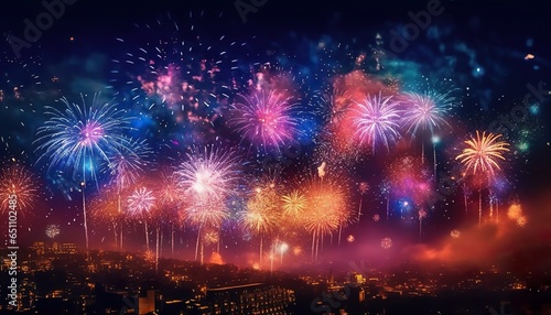 Spectacular New Year Fireworks Display, pyrotechnics, celebration, night sky, explosion, colorful display