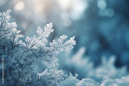 Blue winter christmas nature background frame, wide format. Snow-covered fir branches, snowdrift against defocused blurred forest and falling snow. Close-up, copy space © Dennis