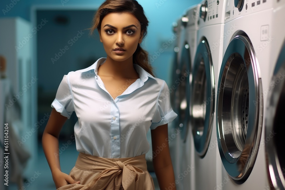 Woman is washing clothes with washing machine in laundry room. Woman is washing clothes with washing machine in laundry room.