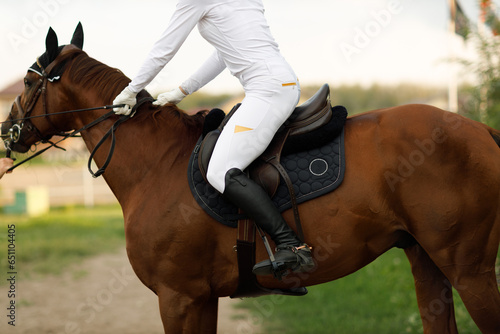 Woman rider jockey in helmet and white uniform preparing horse racing © primipil