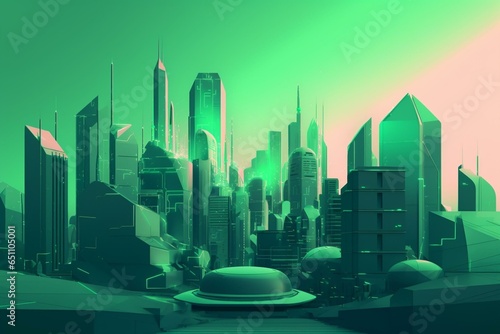 Cityscape with green futuristic aesthetic. Generative AI