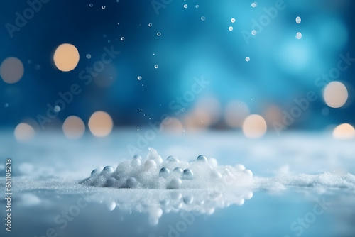 Festive Christmas natural snowy background, abstract empty stage, snow, snowdrift and defocused Christmas lights on light blue background, copy space © Dennis