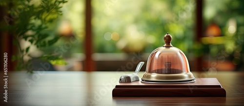 White glass table with a hotel service bell against a simulated hotel background