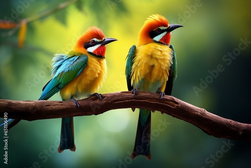 Colorful birds perched on jungle branch. Generative AI