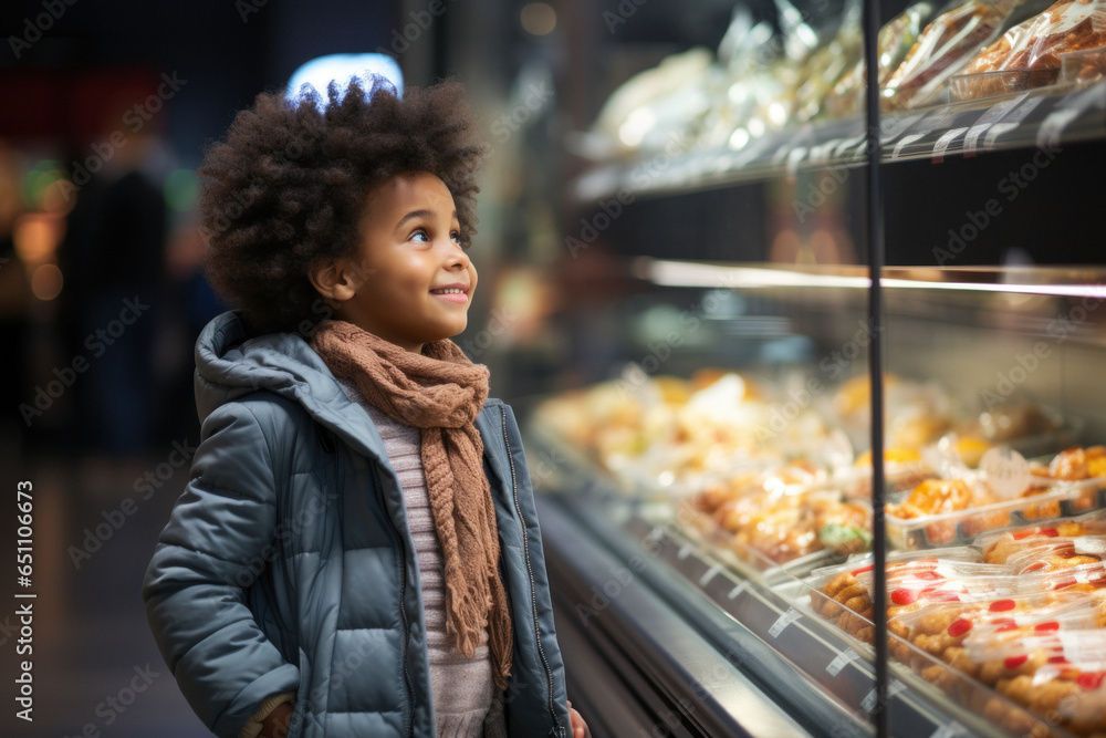 Fototapeta premium Little boy child in grocery department of supermarket