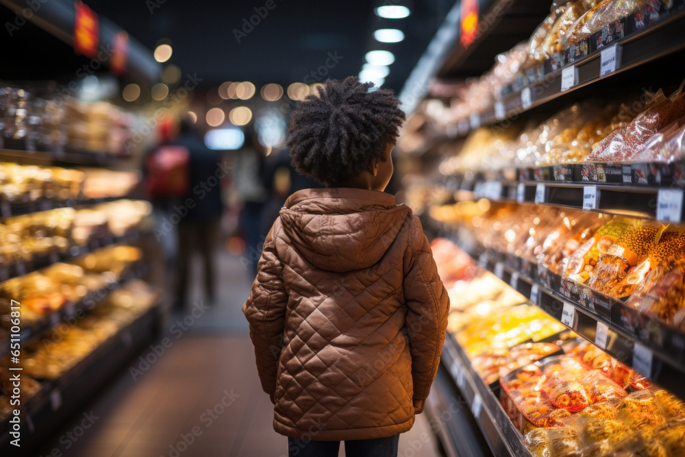 Little girl child in grocery department of supermarket