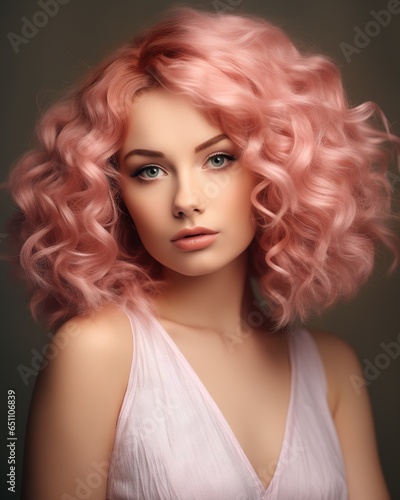 young beauty woman with pink hair on a pink background