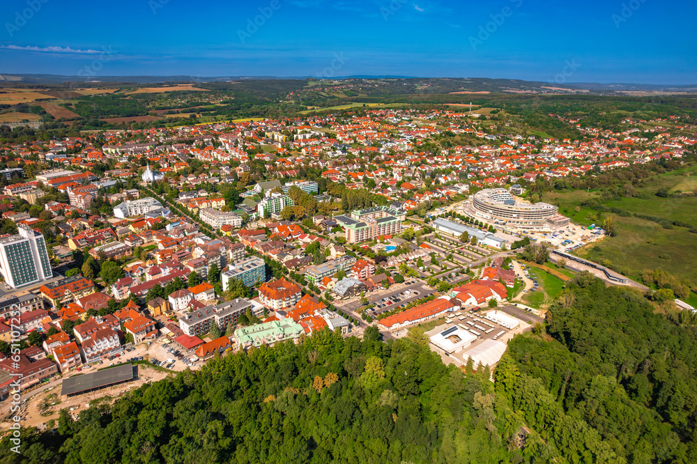 Aerial drone view of the Heviz town in Hungary with thermal baths.