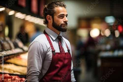 Salesman in apron, on background of grocery department of store. © sofiko14