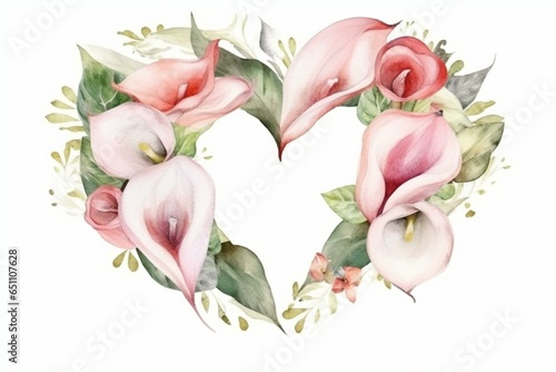 Watercolor heart wreath with calla lily and roses on white. Ideal for wedding invites. Generative AI