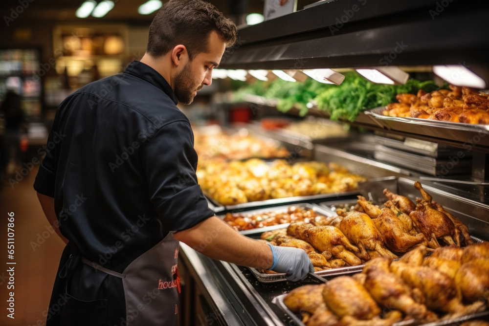 Salesman in apron, on background of grocery department of store.