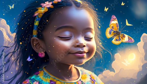 Portrait of a cute long hair girl with a luminous dress. Butterflies around with a glowing background.