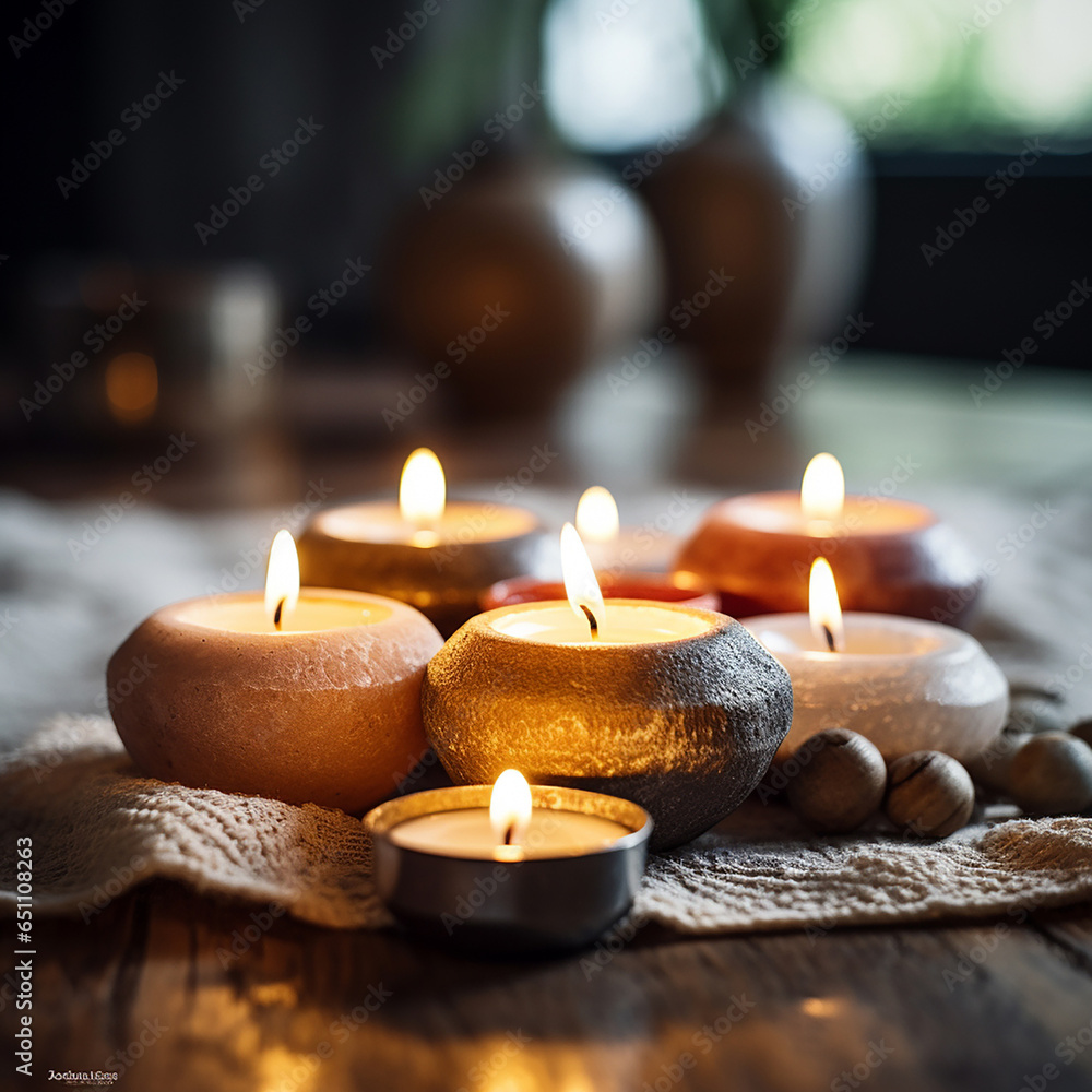 burning candle on a wooden table, creating a cozy ambiance with a warm and inviting backdrop. Generative AI. burning candle on a wooden table, creating a cozy ambiance with a warm and inviting backdrop. Generative AI.