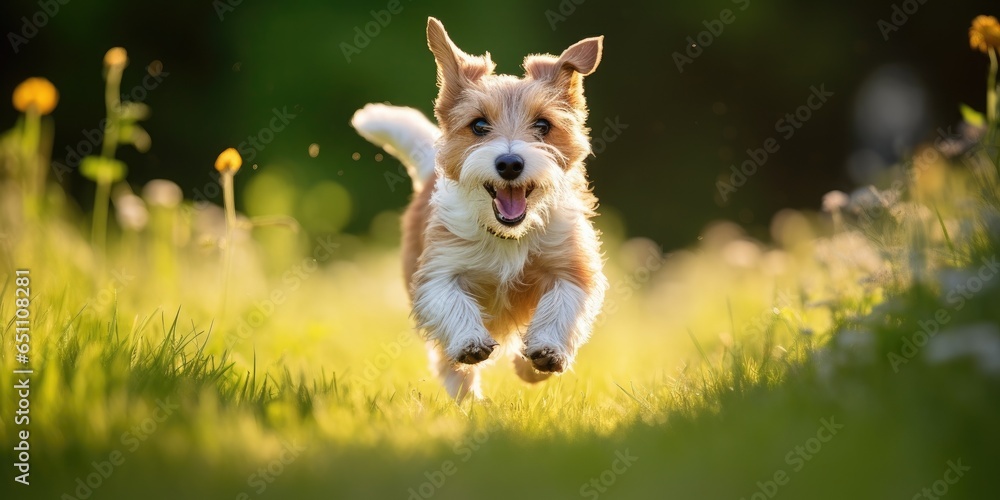 Happy brown and white terrier dog running on a green field on a sunny summer day Happy brown and white terrier dog running on a green field on a sunny summer day