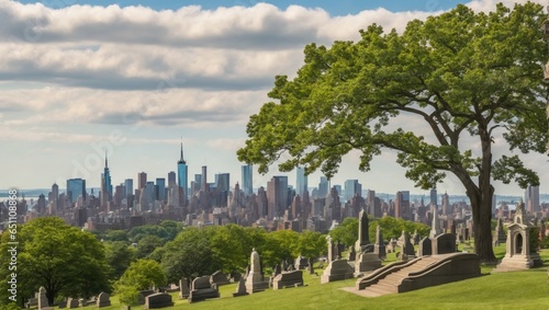 View of the green wood cemetery in Brooklyn with Manhattan City skyline beautiful sunset. photo