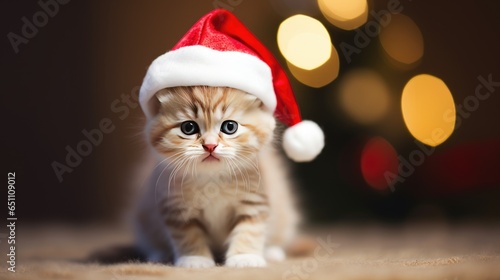 cute tiny cats with santa claus hats, christmas visuals, warm and cute, bokeh background. generative ai